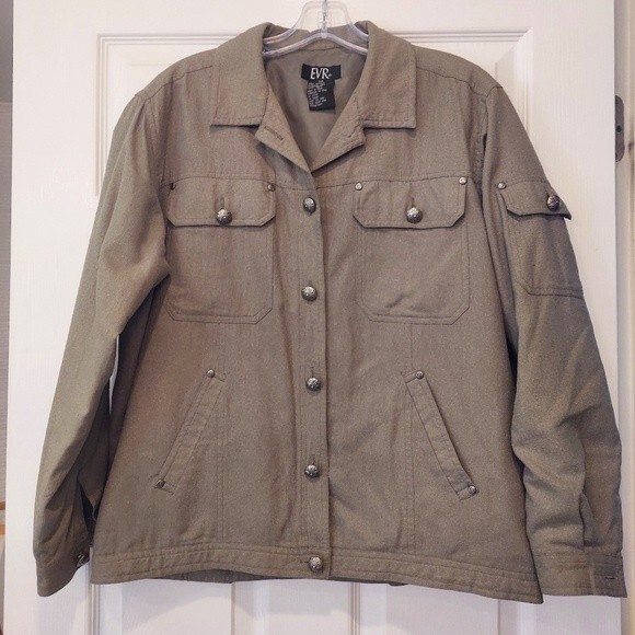 EVR Shirt Jacket Womens Army Green 100% Raw Silk Pockets Polyester Lined sz S/P - Picture 2 of 10